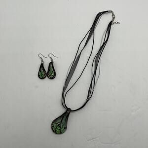 Murano Glass Women's Pendant Flower Necklace and Earrings Set Green Flower